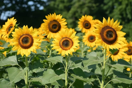 A vibrant field of sunflowers in full bloom, their bright yellow petals and dark centers contrasting against green leaves and a blurred background.