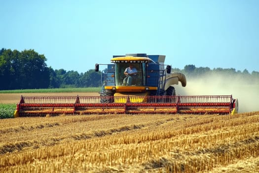 A large combine harvester with a wide header cuts through a golden wheat field on a sunny day, leaving a trail of harvested crop behind.