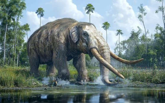 A Platybelodon proboscidean emerges from the dense, tangled vegetation of the ancient forest, its distinctive shovel-like lower tusks and weathered, powerful frame commanding an awe-inspiring.