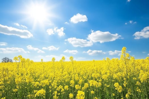 Panoramic view of a vibrant yellow canola field under a bright blue sky with fluffy white clouds and radiant sunlight.