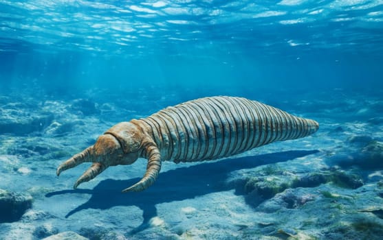 A rendering of Opabinia, an enigmatic extinct arthropod predator, swimming gracefully through the ancient, primordial seas, its five-pronged head and segmented body perfectly adapted to environment.