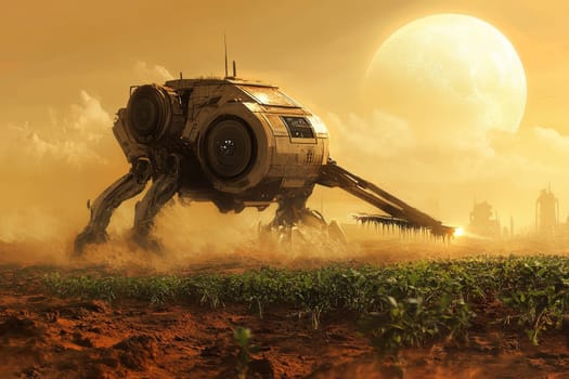 A massive robotic harvester traverses an alien crop field under a giant sun, embodying advanced agricultural technology in a sci-fi landscape.