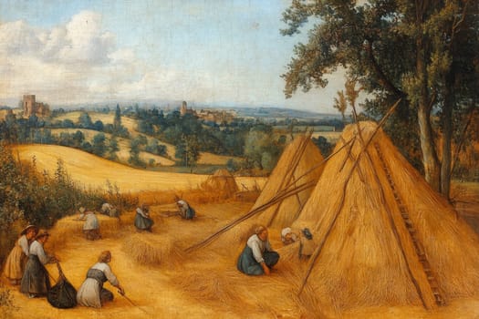 A detailed painting of a medieval harvest featuring workers stacking hay and a distant village. The scene showcases traditional farming methods and rural life.