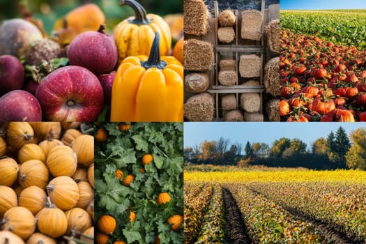 A panoramic view of autumn farm life, featuring pumpkins, apples, hay bales, and golden fields, capturing the essence of fall harvest and rural agriculture.