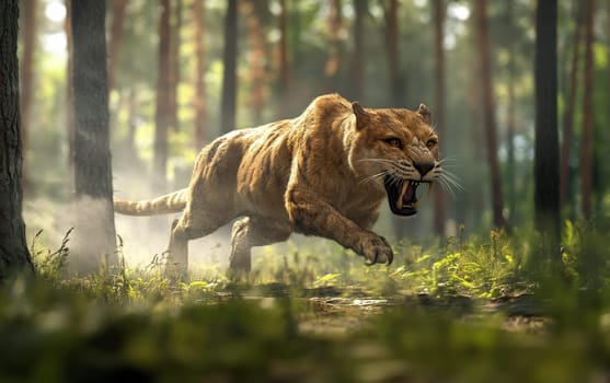 A powerful Nimravid, an extinct saber-toothed predator, prowls cautiously through the dense, misty forest, its piercing gaze scanning the surroundings for any potential prey or threats.