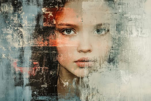 Abstract portrait artwork blending human features with textured background, conveying emotion through color and brushstrokes.