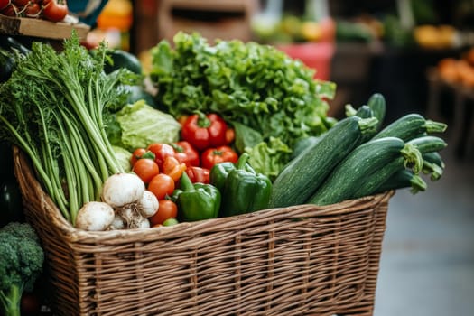 A wicker basket overflowing with a diverse selection of fresh vegetables including peppers, zucchini, tomatoes, lettuce, and herbs.
