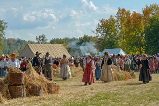 Panoramic view of a historical harvest festival with people in period costumes, hay bales, tents, and autumn foliage, showcasing traditional rural celebrations.