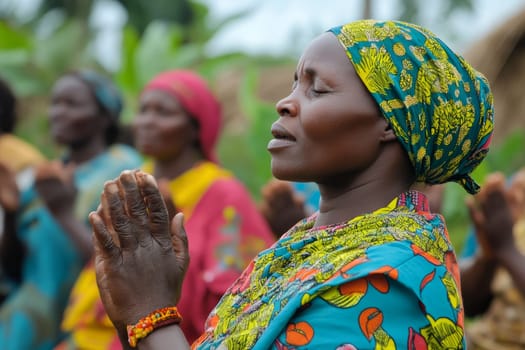 A close-up of an African woman with eyes closed and hands clasped in prayer, wearing colorful traditional clothing and headwrap.