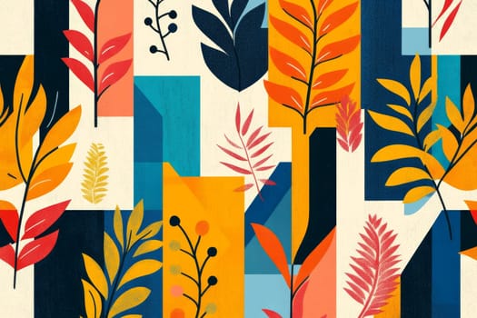 Stylized botanical elements combined with geometric shapes in a modern collage style, featuring vibrant colors of orange, blue, and red on a contrasting background.
