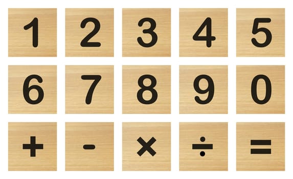 A set of number and math wood blocks on white with clipping path