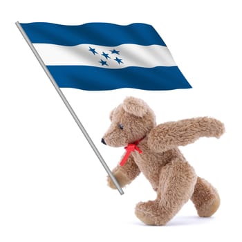 A Honduras flag being carried by a cute teddy bear
