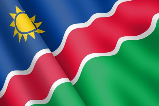 A Namibia waving flag 3d illustration wind ripple red green blue white yellow sun