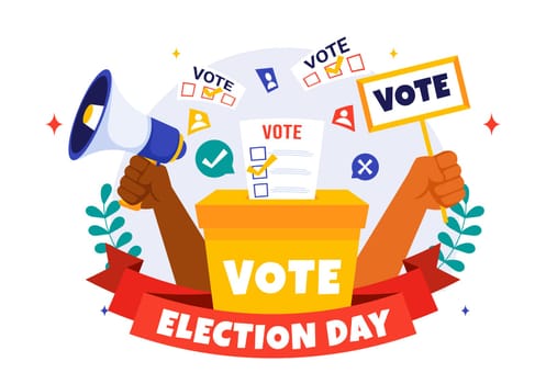 Election Day Political Vector Illustration featuring Voters Casting Ballots at a Polling Station with Global Representation in a Flat Background