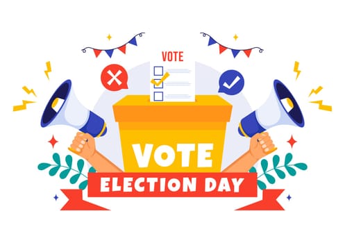 Election Day Political Vector Illustration featuring Voters Casting Ballots at a Polling Station with Global Representation in a Flat Background