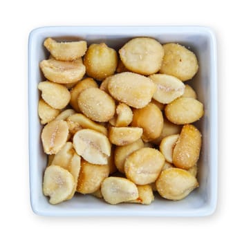 Salted peanuts in a white container with clipping path to remove shadow