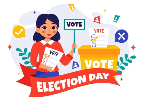 Election Day Political Vector Illustration featuring Voters Casting Ballots at a Polling Station with Global Representation in a Flat Background
