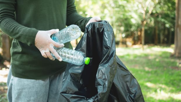 Woman of dedicated volunteers are participating in an environmental cleaning activity in a park. Woman wearing gloves and hold large black bags. Woman collecting trash and plastic bottles in a park.