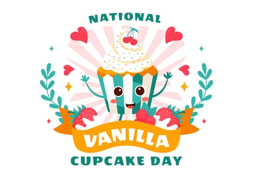 National Vanilla Cupcake Day Vector Illustration on November 10 featuring Cupcakes Topped with Sprinkle, Strawberry and Vanilla Cream in a Background
