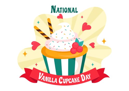 National Vanilla Cupcake Day Vector Illustration on November 10 featuring Cupcakes Topped with Sprinkle, Strawberry and Vanilla Cream in a Background