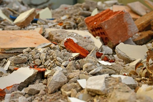 container with building rubble in a closeup