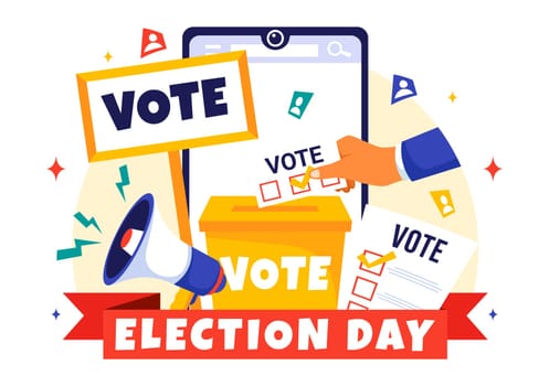 Election Day Political Vector Illustration featuring Voters Casting Ballots at a Polling Station with Global Representation in a Flat Background