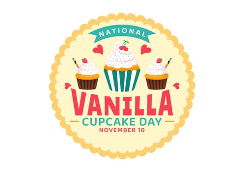 National Vanilla Cupcake Day Vector Illustration on November 10 featuring Cupcakes Topped with Sprinkle, Strawberry and Vanilla Cream in a Background
