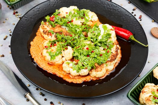 A plate of seasoned roasted cauliflower steak. Gratin of vegetables.