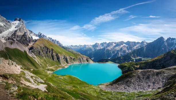 alpine mountains scenery with blue lake, AI generated image