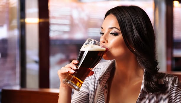 gorgeous young woman drinking ale beer, AI generated image