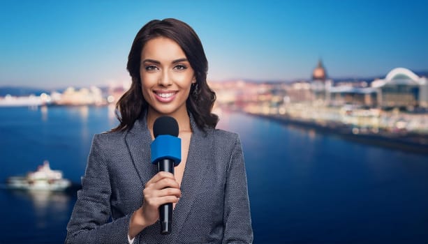 gorgeous female journalist in news tv studio, AI generated image
