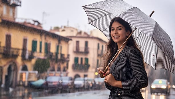 beautiful woman smiling in heavy rain, AI generated image