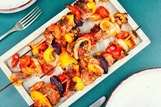 Juicy grilled pork kebabs on the skewers. Shashlik skewers.