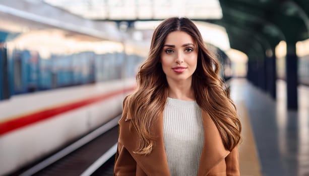 beautiful woman at train station on platform waiting for transport, AI generated image