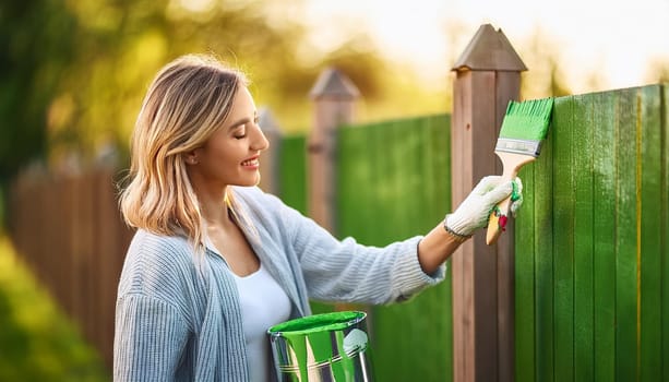 gorgeous woman painting green fence, AI generated image