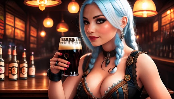 gorgeous young woman drinking beer at the pub, AI generated image