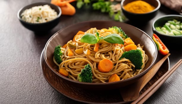 vegetarian curry noodles dish, AI generated image
