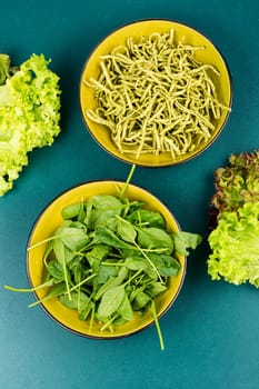 A plate of spaghetti with vibrant dry green pasta with spinach