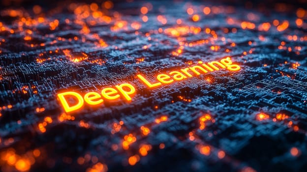 A 3D-rendered text reading "Deep Learning"" in a high-tech, networked setting, conveying the advanced and interconnected world of machine learning. The image combines futuristic elements with a structured, technical environment, symbolizing the digital network that supports deep learning processes."