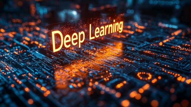 A 3D-rendered text reading "Deep Learning"" in a high-tech, networked setting, conveying the advanced and interconnected world of machine learning. The image combines futuristic elements with a structured, technical environment, symbolizing the digital network that supports deep learning processes."