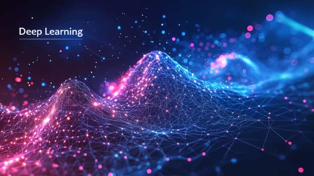 A 3D-rendered text reading "Deep Learning"" in a high-tech, networked setting, conveying the advanced and interconnected world of machine learning. The image combines futuristic elements with a structured, technical environment, symbolizing the digital network that supports deep learning processes."