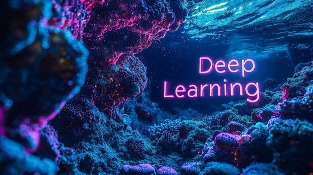 A 3D-rendered text reading "Deep Learning"" in a high-tech, networked setting, conveying the advanced and interconnected world of machine learning. The image combines futuristic elements with a structured, technical environment, symbolizing the digital network that supports deep learning processes."