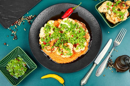 A plate of seasoned roasted cauliflower steak. Gratin of vegetables.