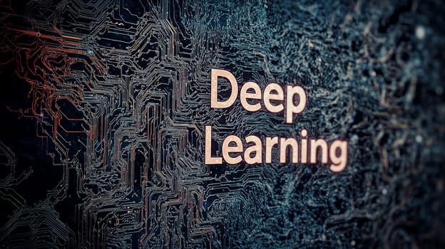 A 3D-rendered text reading "Deep Learning"" in a high-tech, networked setting, conveying the advanced and interconnected world of machine learning. The image combines futuristic elements with a structured, technical environment, symbolizing the digital network that supports deep learning processes."