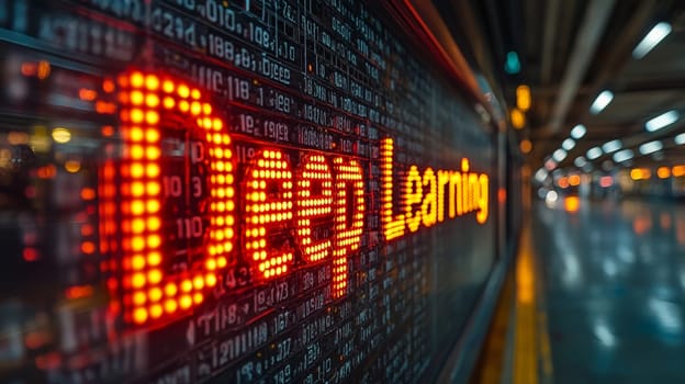 A 3D-rendered text reading "Deep Learning"" in a high-tech, networked setting, conveying the advanced and interconnected world of machine learning. The image combines futuristic elements with a structured, technical environment, symbolizing the digital network that supports deep learning processes."