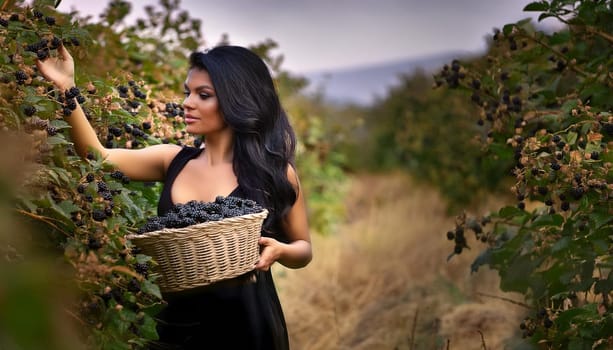 gorgeous young woman picking berries, AI generated image