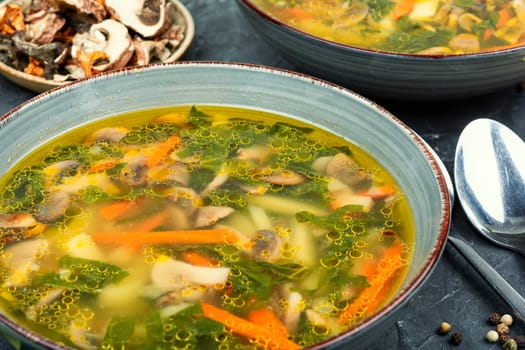 Diet vegetable soup made from fresh spinach and wild mushrooms.