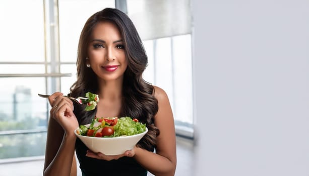 gorgeous young woman eating salad, AI generated image