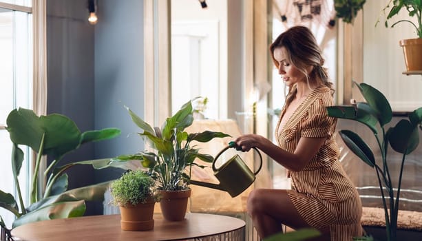 gorgeous young woman watering houseplants, AI generated image