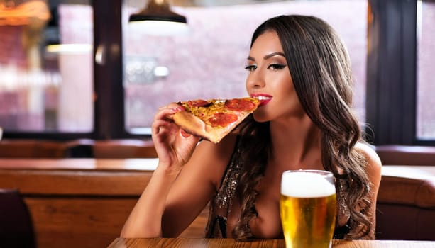 gorgeous young woman eating pizza and drinking beer, AI generated image